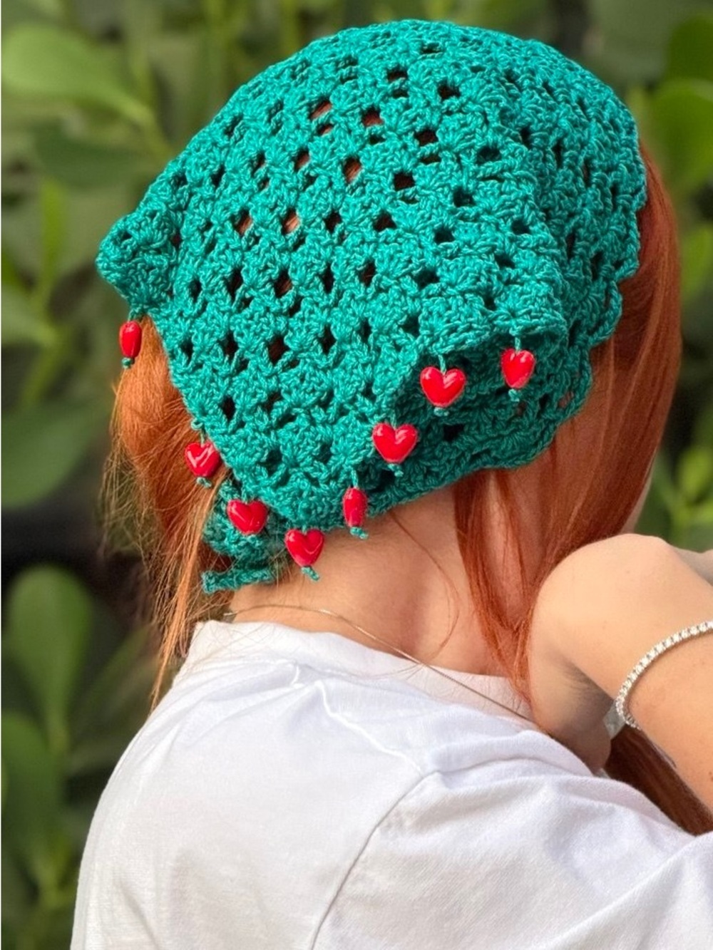 ✨ Handmade Crochet Kerchief / Headscarf with decorative red hearts ✨